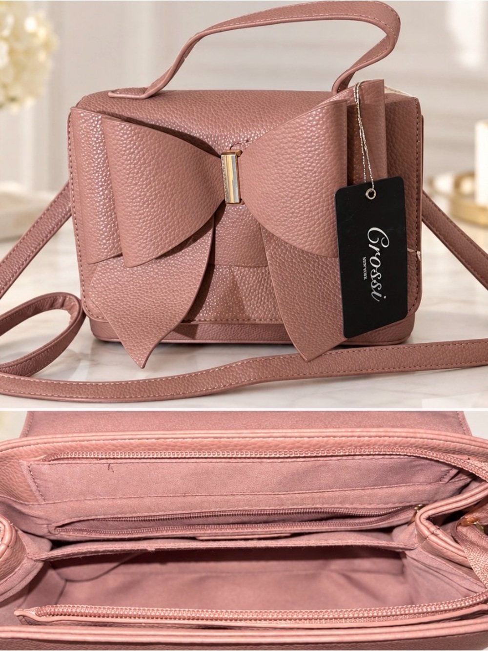 Crossbody Baby Bag with Bow Accent in Dusty Rose by Grossi